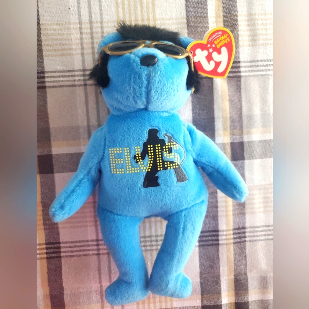Ty Beanie Babies Elvis 9" Blue Plush Bear w/ Hair & Glasses with tag